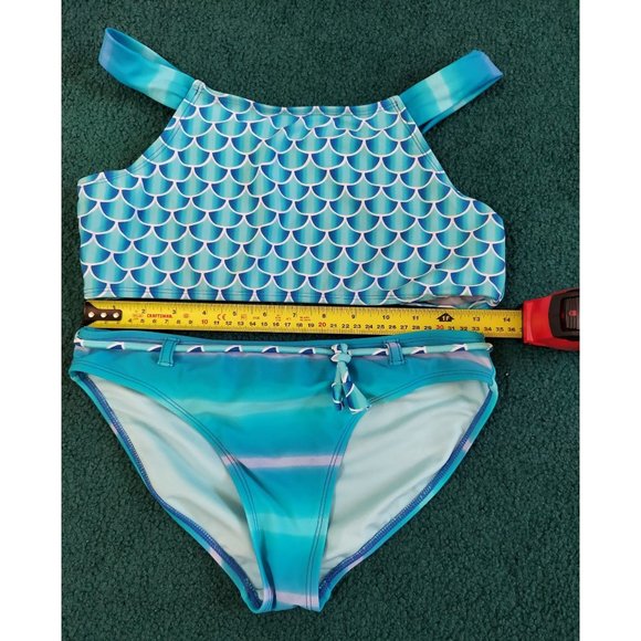 Wonder Nation Girl's Size 14/16 Turquoise Mermaid Scales 3 Piece Swimsuit Set - Picture 5 of 7